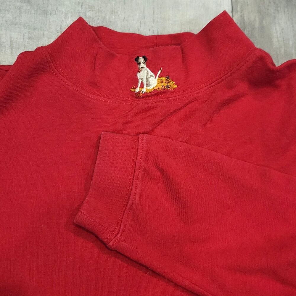 Vintage Northern Isles Top Womens Size M Red Puppy Dog Fall Leaves Mock Neck